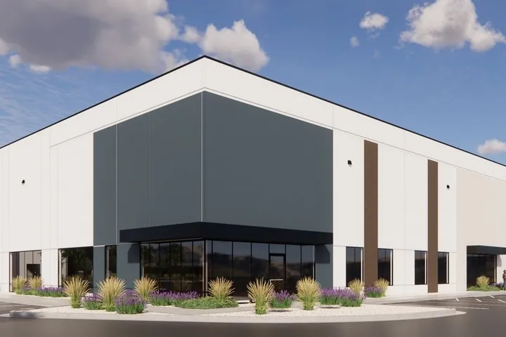 Conceptual rendering of Provo Airpark Building 1, a white Class A flex industrial building with a dark glass entrance